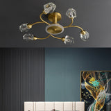 Brass 12-Light Sputnik Crystal Semi-Flush Mount Light for Living Room and Dining Room