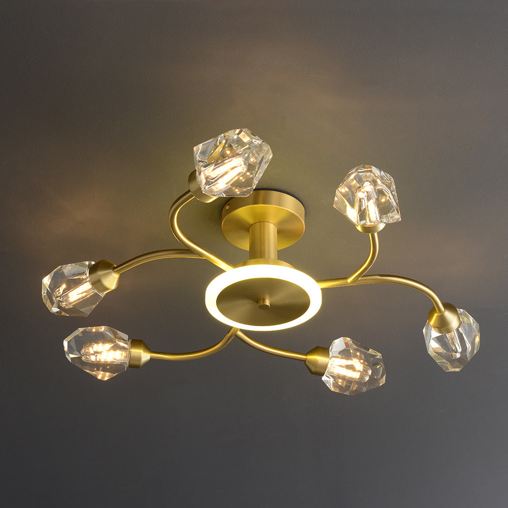 Brass 12-Light Sputnik Crystal Semi-Flush Mount Light for Living Room and Dining Room