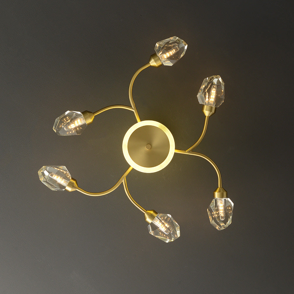 Brass 12-Light Sputnik Crystal Semi-Flush Mount Light for Living Room and Dining Room