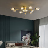 Brass 12-Light Sputnik Crystal Semi-Flush Mount Light for Living Room and Dining Room