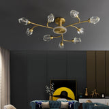 Brass 12-Light Sputnik Crystal Semi-Flush Mount Light for Living Room and Dining Room