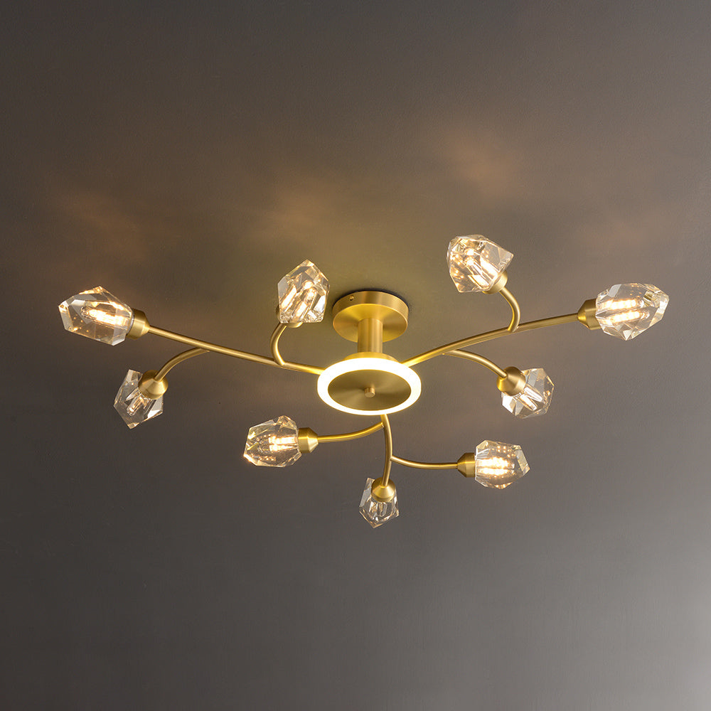 Brass 12-Light Sputnik Crystal Semi-Flush Mount Light for Living Room and Dining Room