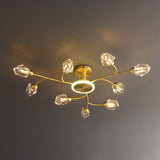 Brass 12-Light Sputnik Crystal Semi-Flush Mount Light for Living Room and Dining Room