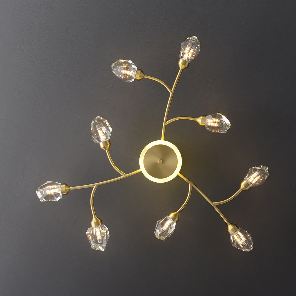 Brass 12-Light Sputnik Crystal Semi-Flush Mount Light for Living Room and Dining Room