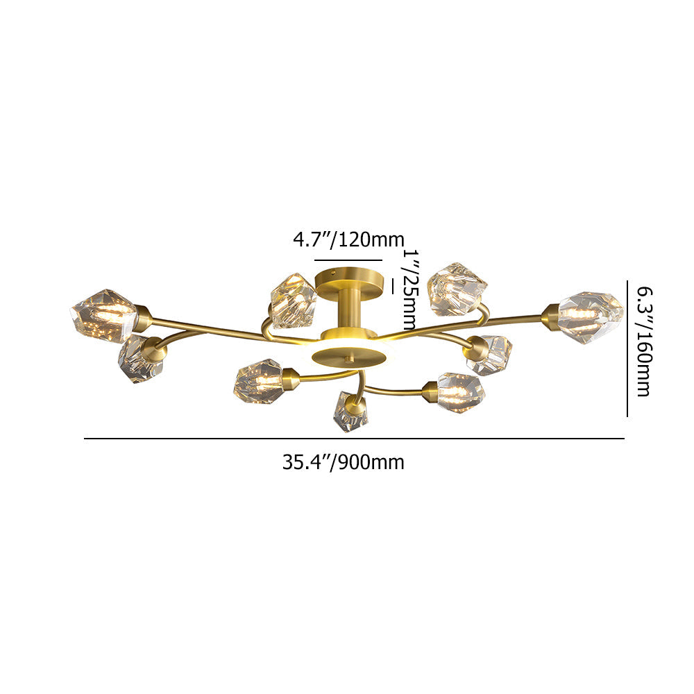Brass 12-Light Sputnik Crystal Semi-Flush Mount Light for Living Room and Dining Room