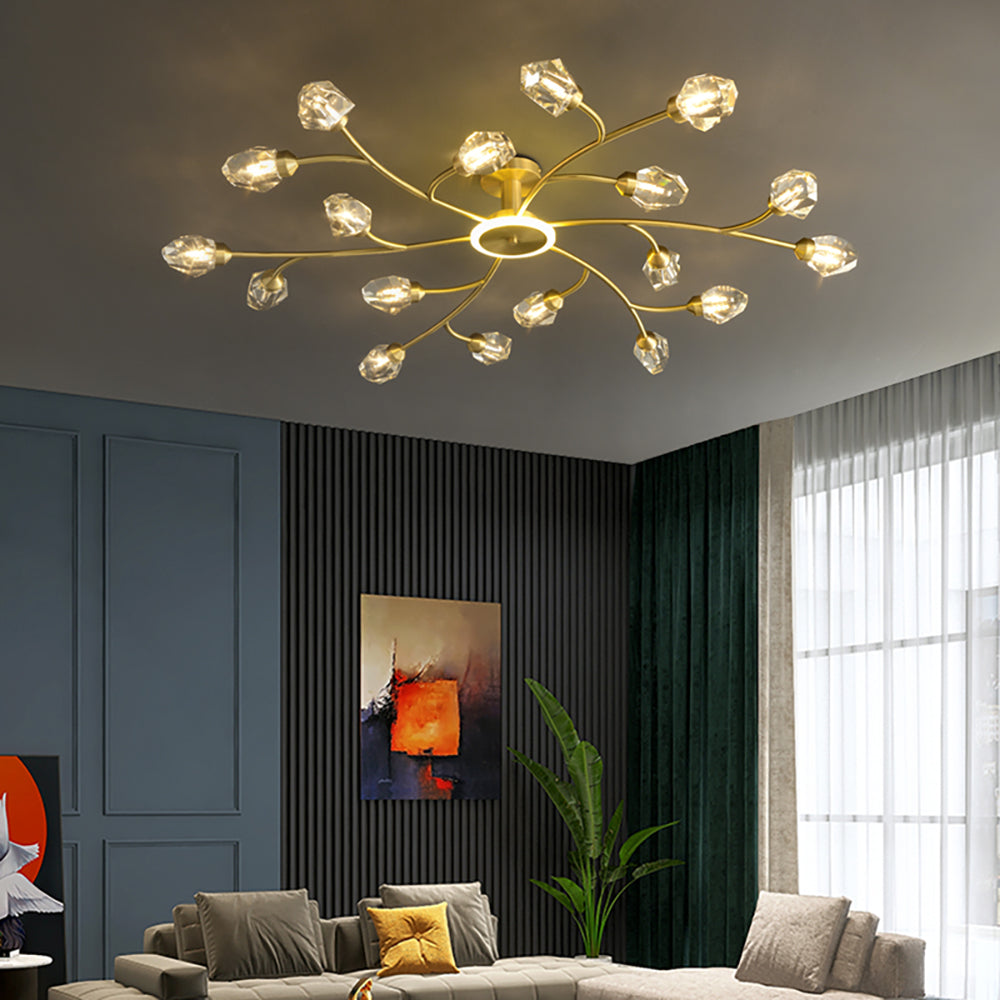 Brass 12-Light Sputnik Crystal Semi-Flush Mount Light for Living Room and Dining Room