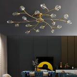 Brass 12-Light Sputnik Crystal Semi-Flush Mount Light for Living Room and Dining Room