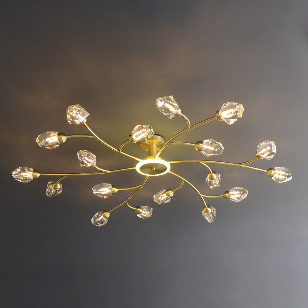 Brass 12-Light Sputnik Crystal Semi-Flush Mount Light for Living Room and Dining Room