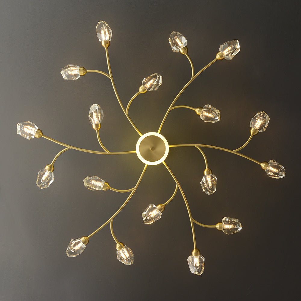 Brass 12-Light Sputnik Crystal Semi-Flush Mount Light for Living Room and Dining Room