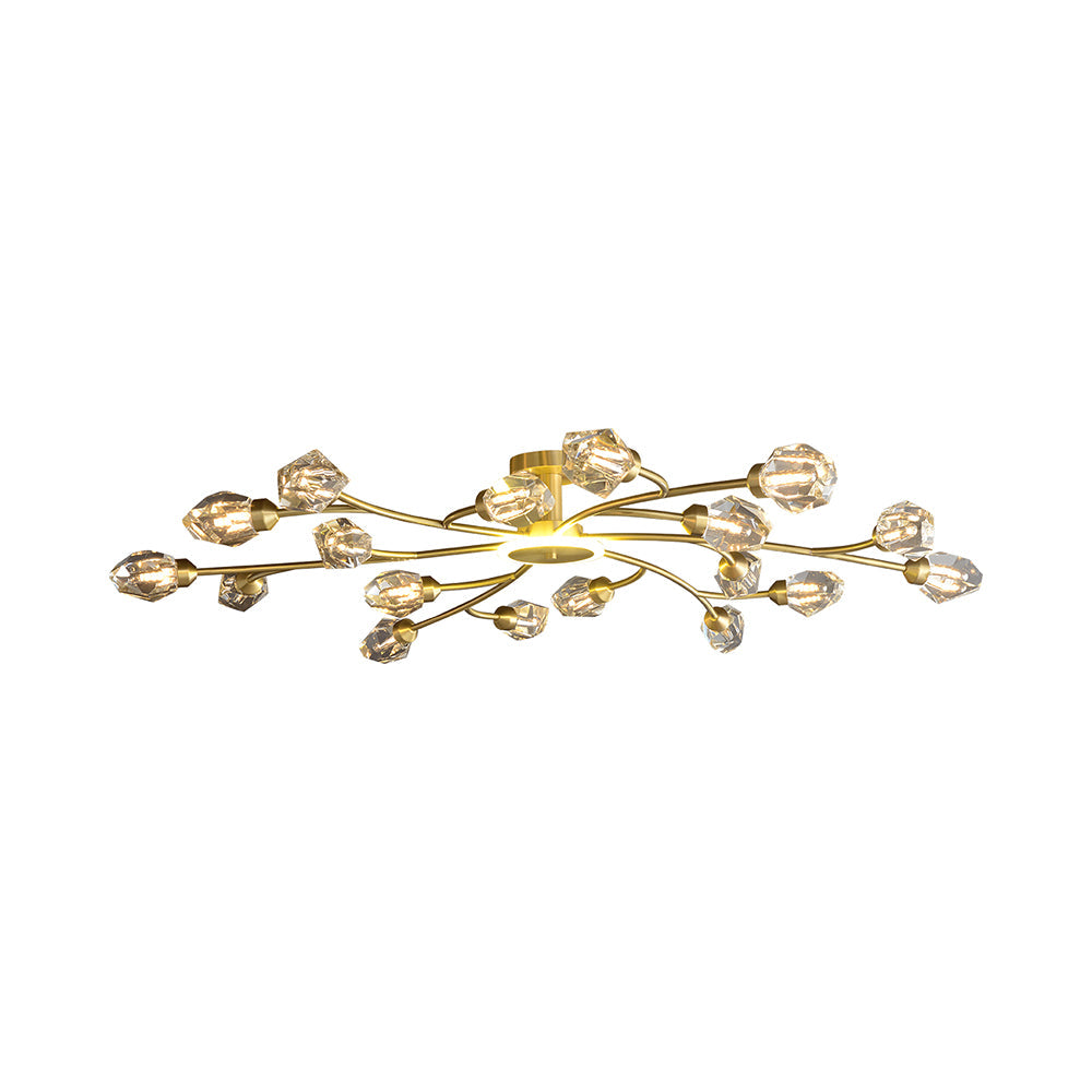 Brass 12-Light Sputnik Crystal Semi-Flush Mount Light for Living Room and Dining Room