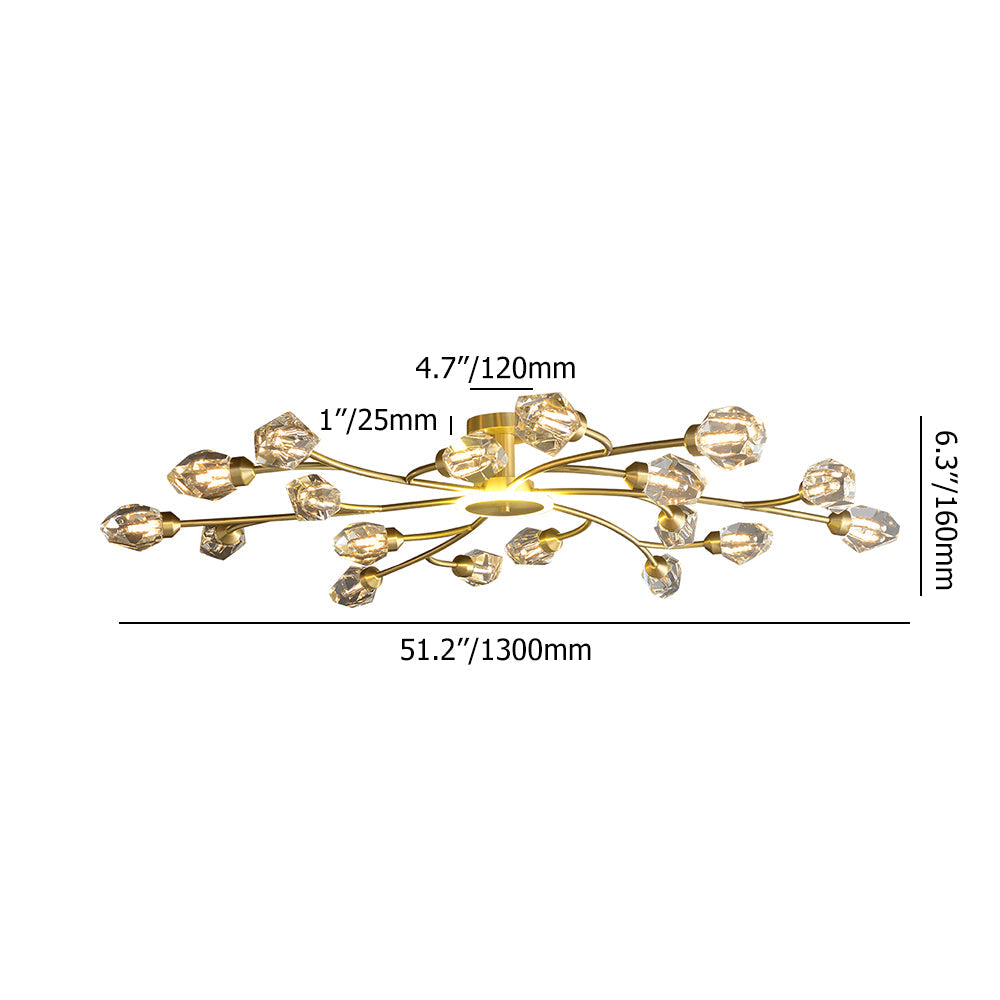 Brass 12-Light Sputnik Crystal Semi-Flush Mount Light for Living Room and Dining Room