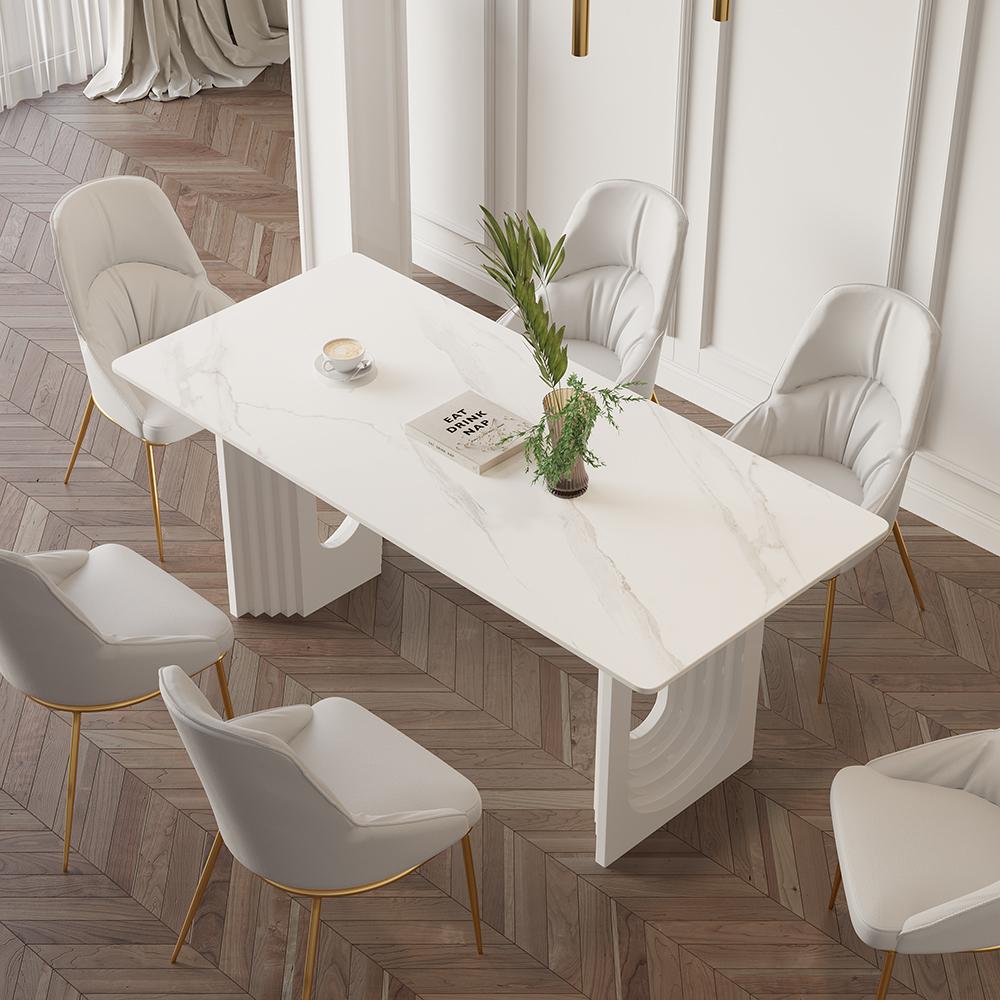 63" Modern Dining Table White Faux Marble Top for 6 Person Double Pedestal Base