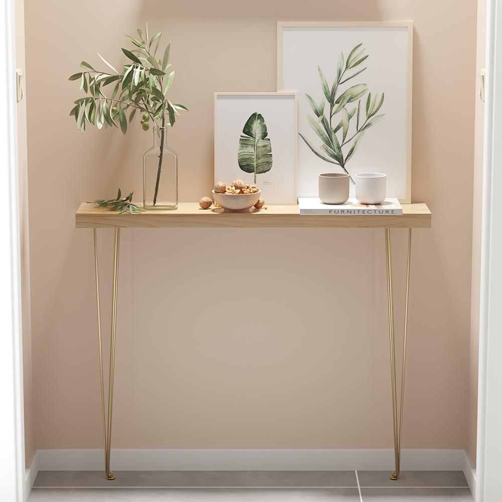 39" Modern Walnut Narrow Rectangular Console Table with Wooden Top Metal Legs