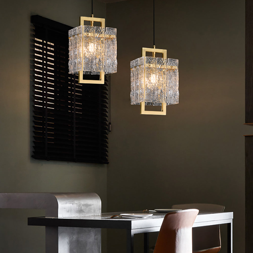 Geometric 1-Light Pendant Lighting with Water-ripple Glass Shades & Brass Finish