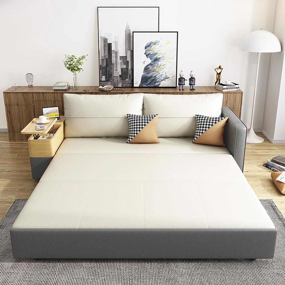 77" Beige & Gray Sleeper Sofa with Lift Top End Table Convertible Sofa Bed with Storage