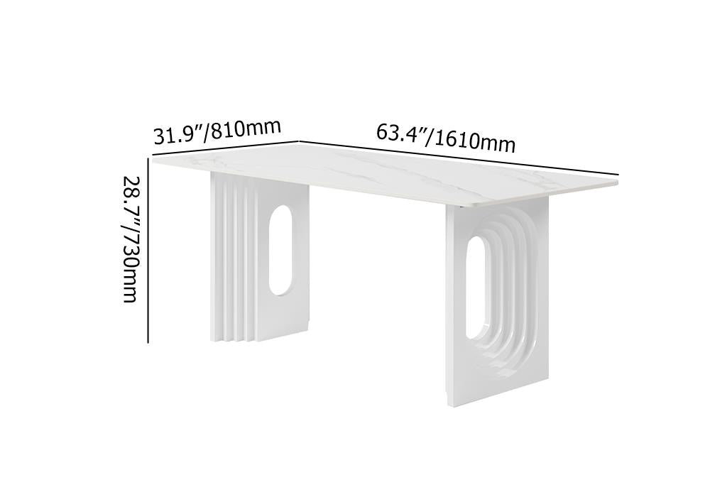 63" Modern Dining Table White Faux Marble Top for 6 Person Double Pedestal Base