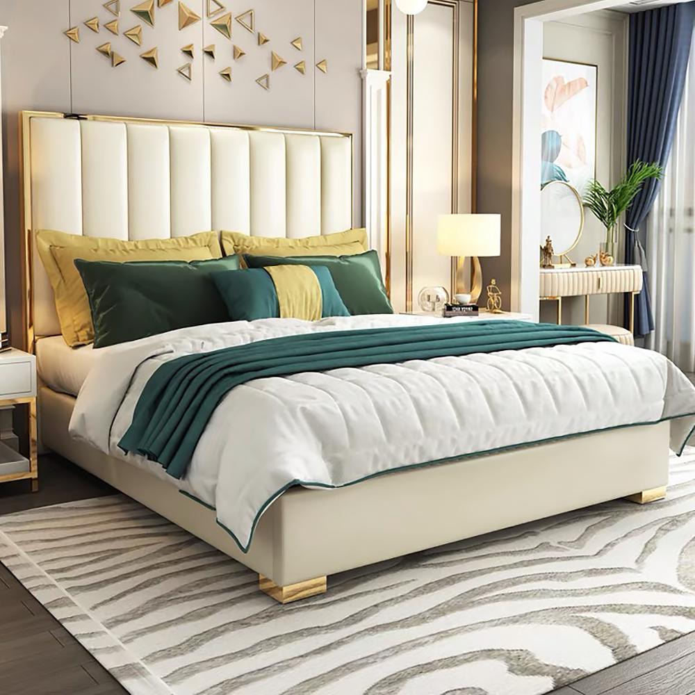 Queen Size Platform Bed White Upholstered Faux Leather Bed with Gold Legs