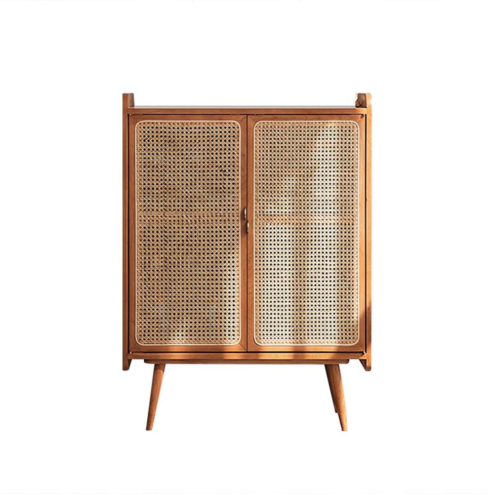 31.5" Farmhouse Walnut Rattan Shoe Cabinet 2-Door 4-Shelf Shoe Organizer