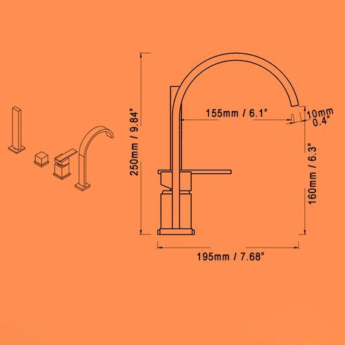 Dree Double Handle 4-Hole Roman Tub Faucet with Hand Shower Modern Style Solid Brass
