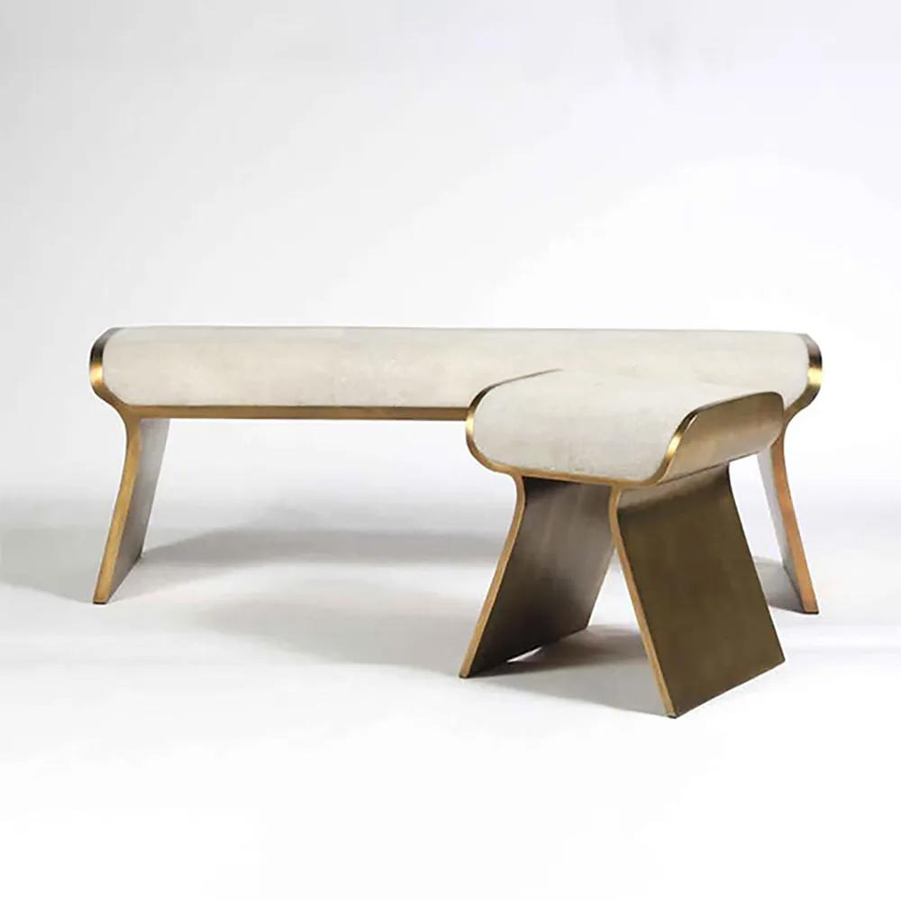 Beige Modern Stainless Steel Bench Leath-Aire Upholstered Ottoman