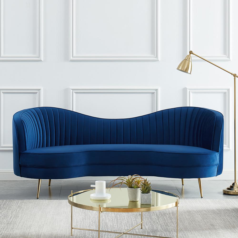Florie Luxury 72" Vertical Channel Tufted Curved Performance Velvet Sofa in Blue
