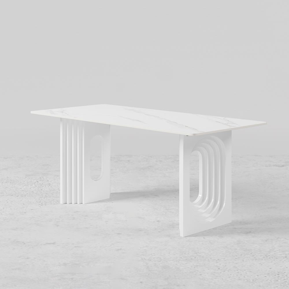 63" Modern Dining Table White Faux Marble Top for 6 Person Double Pedestal Base