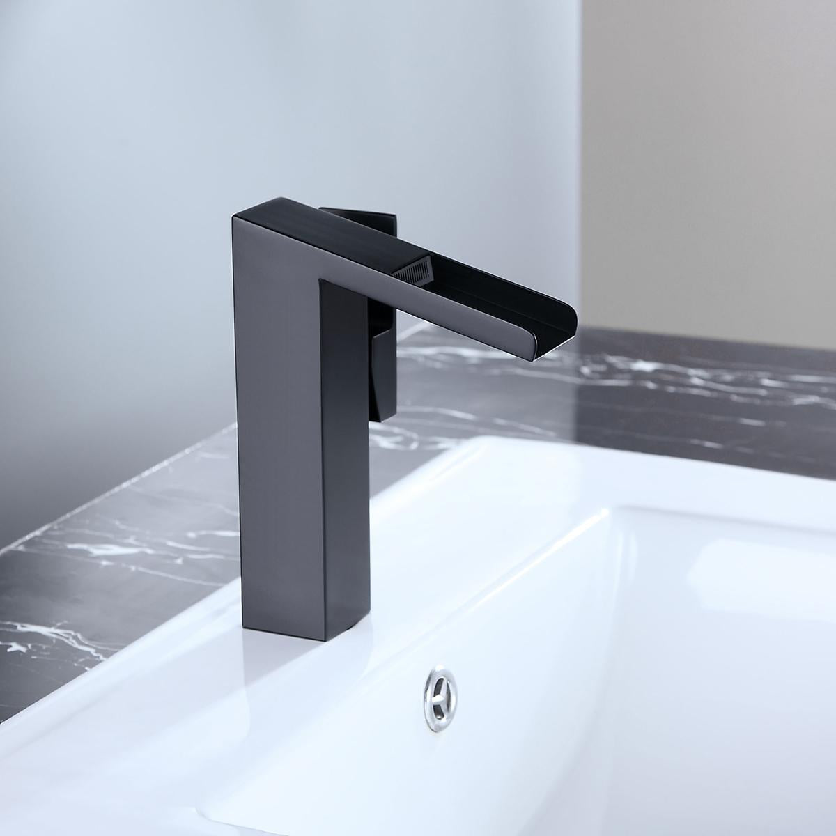 Quad Square Slanted Single Hole 1-Handle Waterfall Faucet Solid Brass for Bathroom Sink in Matte Black