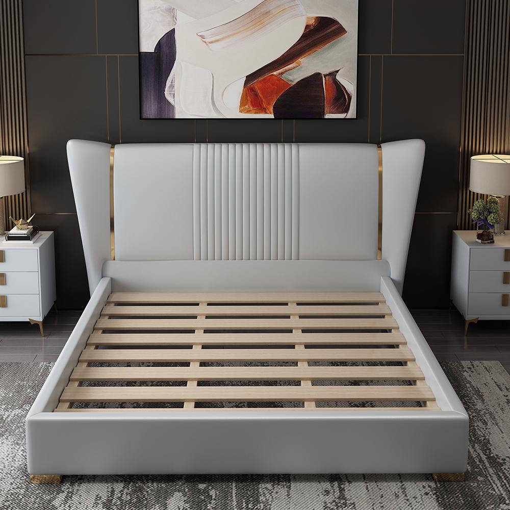 Modern Wingback Bed Microfiber Leather Upholstered Bed, Cal King