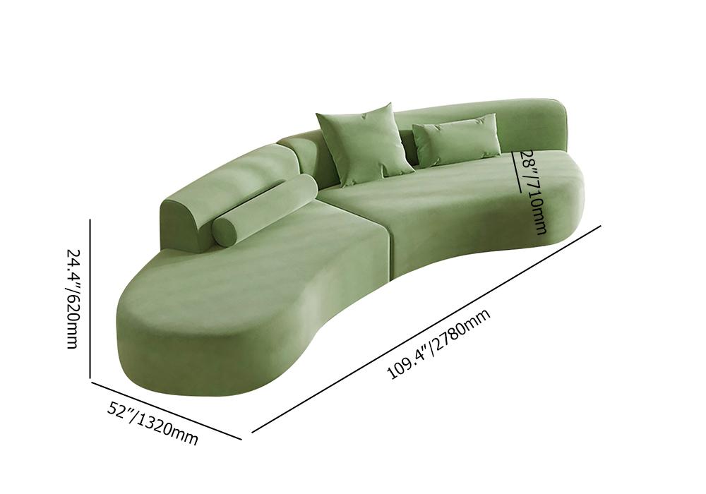 109" Modern Green Curved Velvet Sectional Sofa 4-Seater Couch Upholstered with Pillows