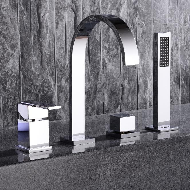 Dree Double Handle 4-Hole Roman Tub Faucet with Hand Shower Modern Style Solid Brass