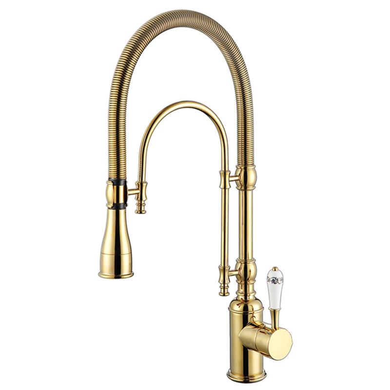 High Arc Dual-Mode Pull-Down Kitchen Faucet Solid Brass with Porcelain Handle