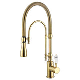 High Arc Dual-Mode Pull-Down Kitchen Faucet Solid Brass with Porcelain Handle