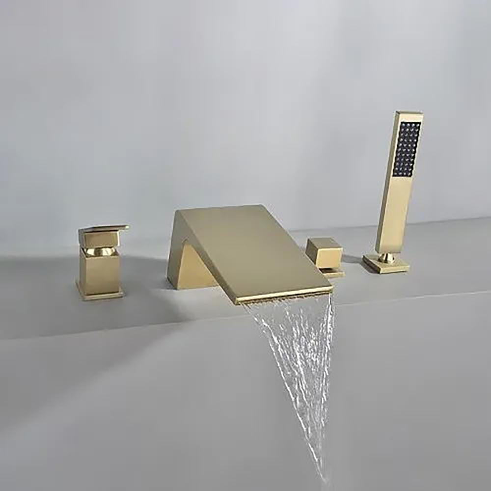 Waterfall Deck-Mount Roman Tub Faucet with Handshower in Brushed Gold