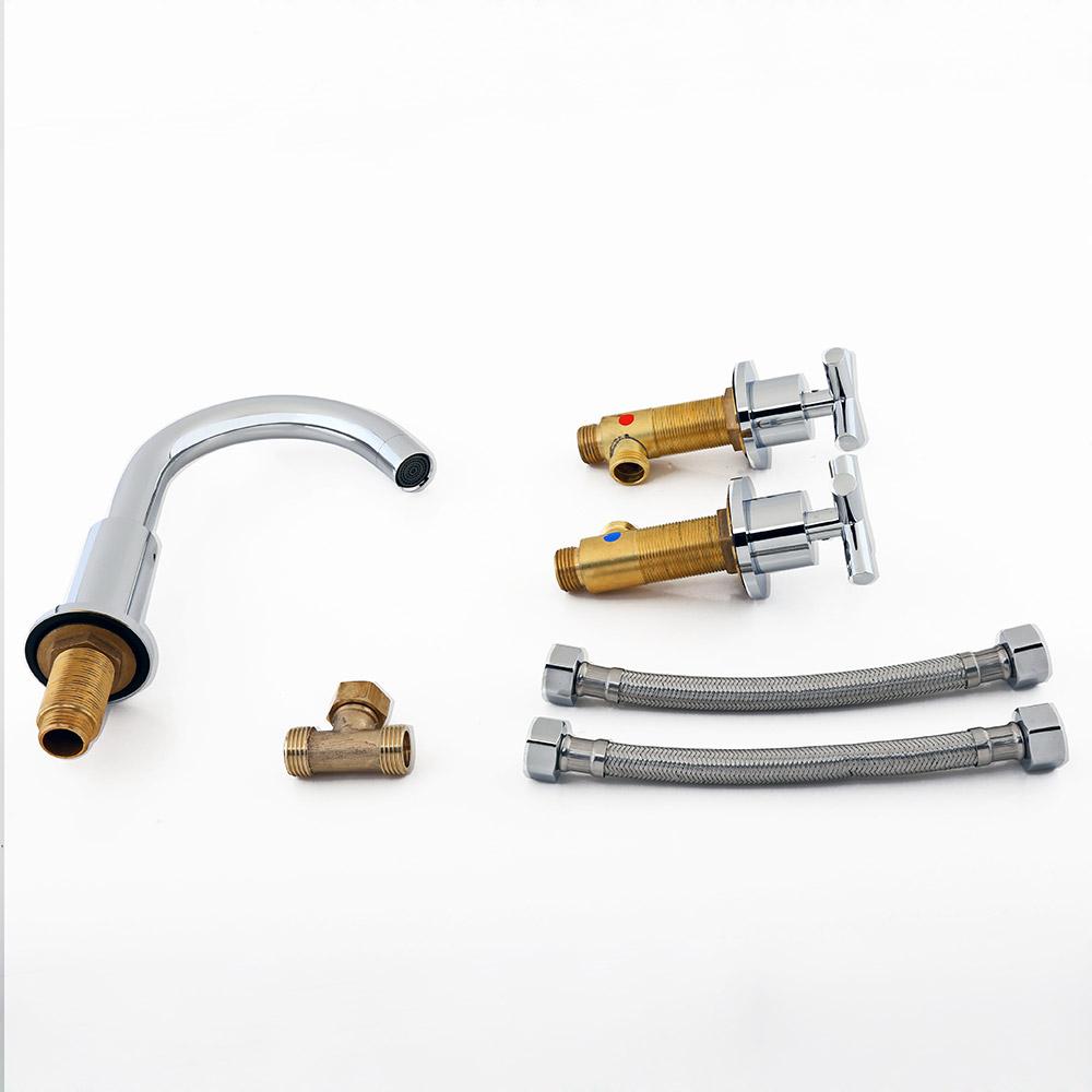 Stev Modern Chrome Widespread Double Cross Handle Bathroom Sink Faucet Goosenecked Spout