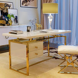 71" White Writing Desk Modern Computer Desk with 2-Drawer in Gold