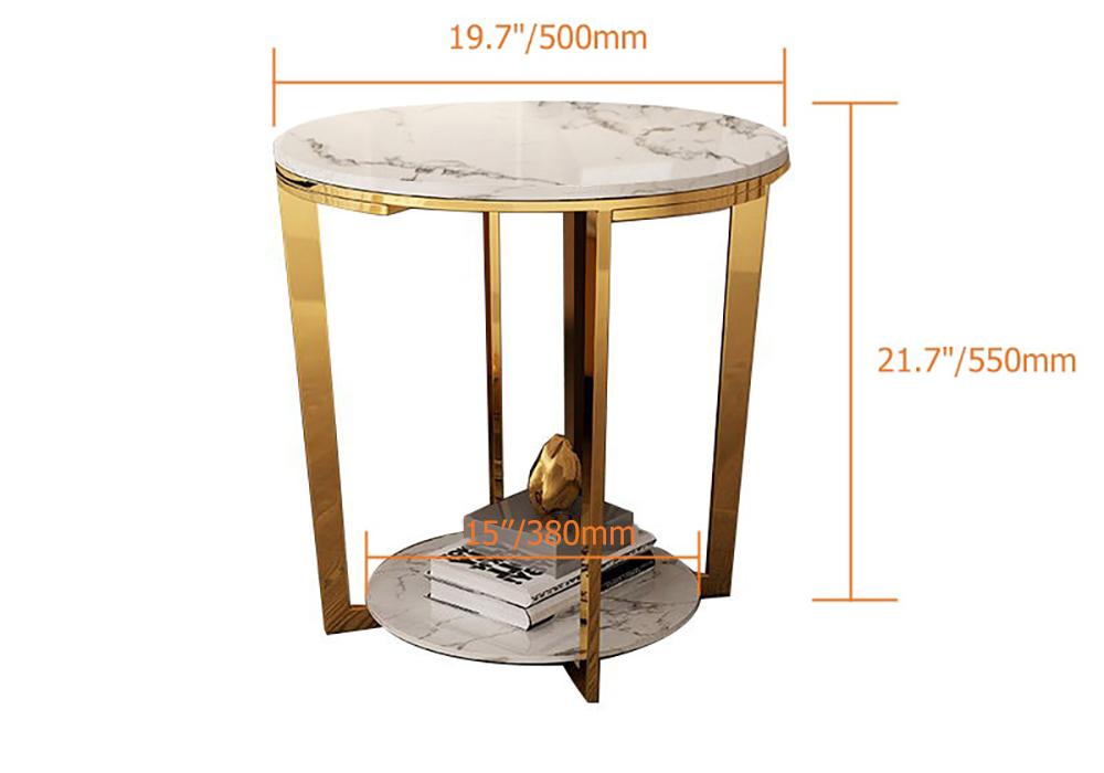 Gold Faux Marble Round End Table with Storage Shelf for Living Room