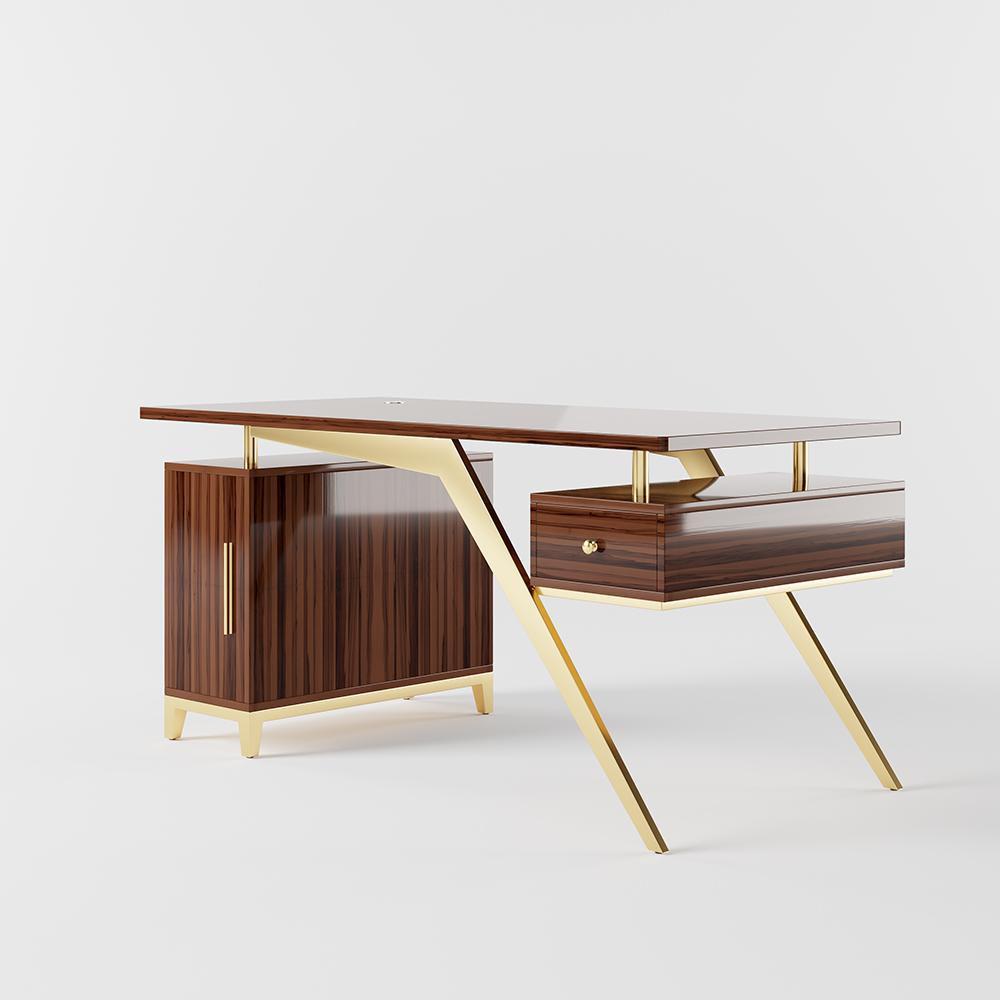 55" Ultra Modern White and Gold Computer Writing Desk with Storage & Drawer