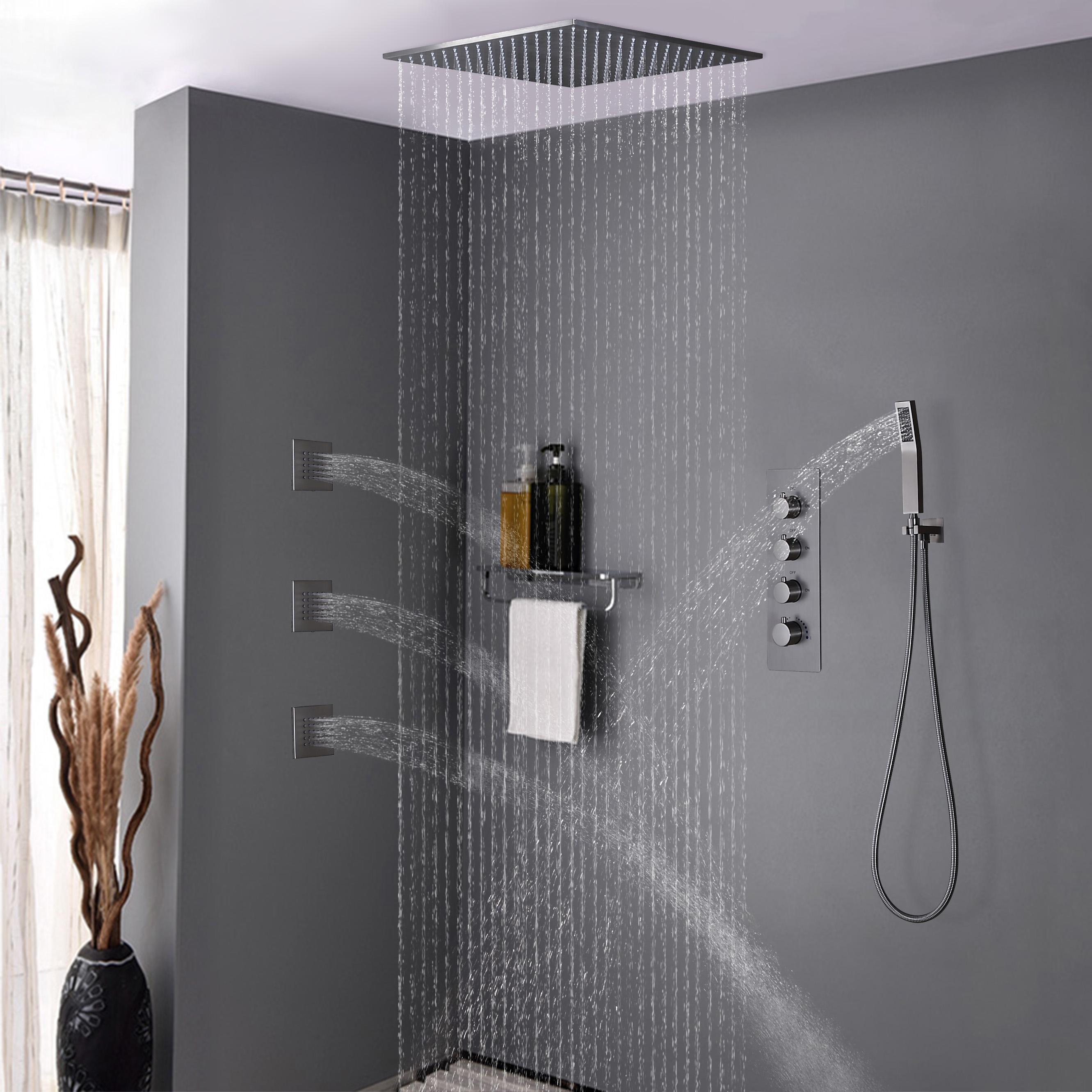 Modern Rain Thermostatic Brushed Nickel Shower Faucet Flush Mount Shower System with Hand Shower & Body Jets Solid Brass