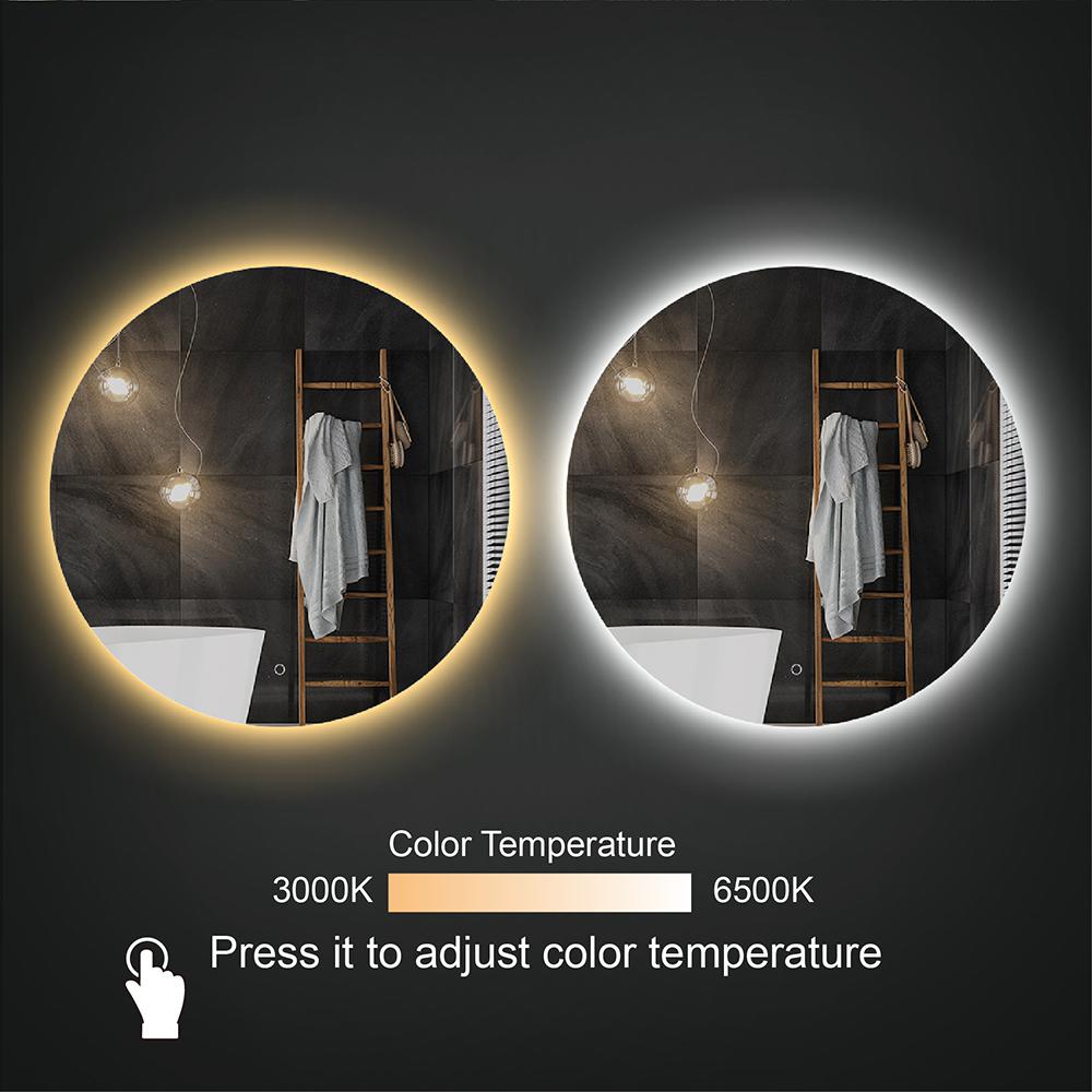 24" Frameless Round LED Bathroom Wall Mirror Acrylic Anti-Fog