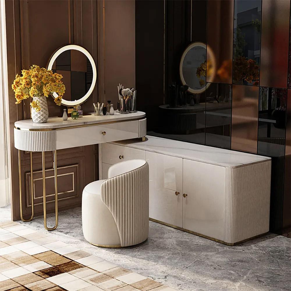 Modern Marble Top Makeup Vanity Dressing Table with Corner Cabinet
