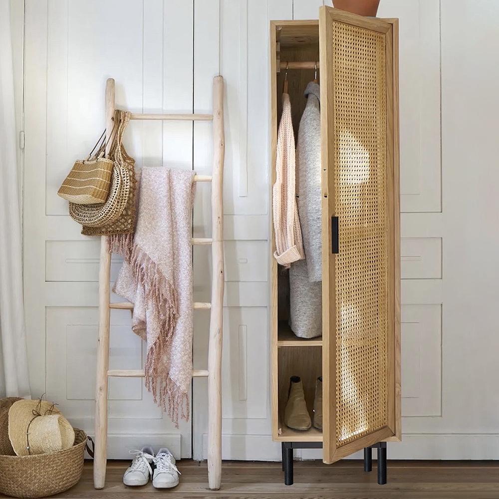 70" Nordic Natural Closet Rattan Woven Cloth Storage Wardrobe with Shelf & Rail
