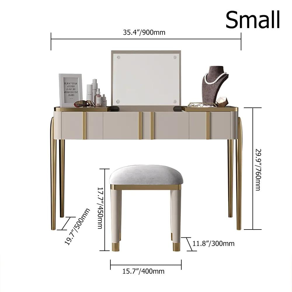 Champagne Makeup Vanity Mirror & Stool included with Flip Top 2-Drawer Dressing Table