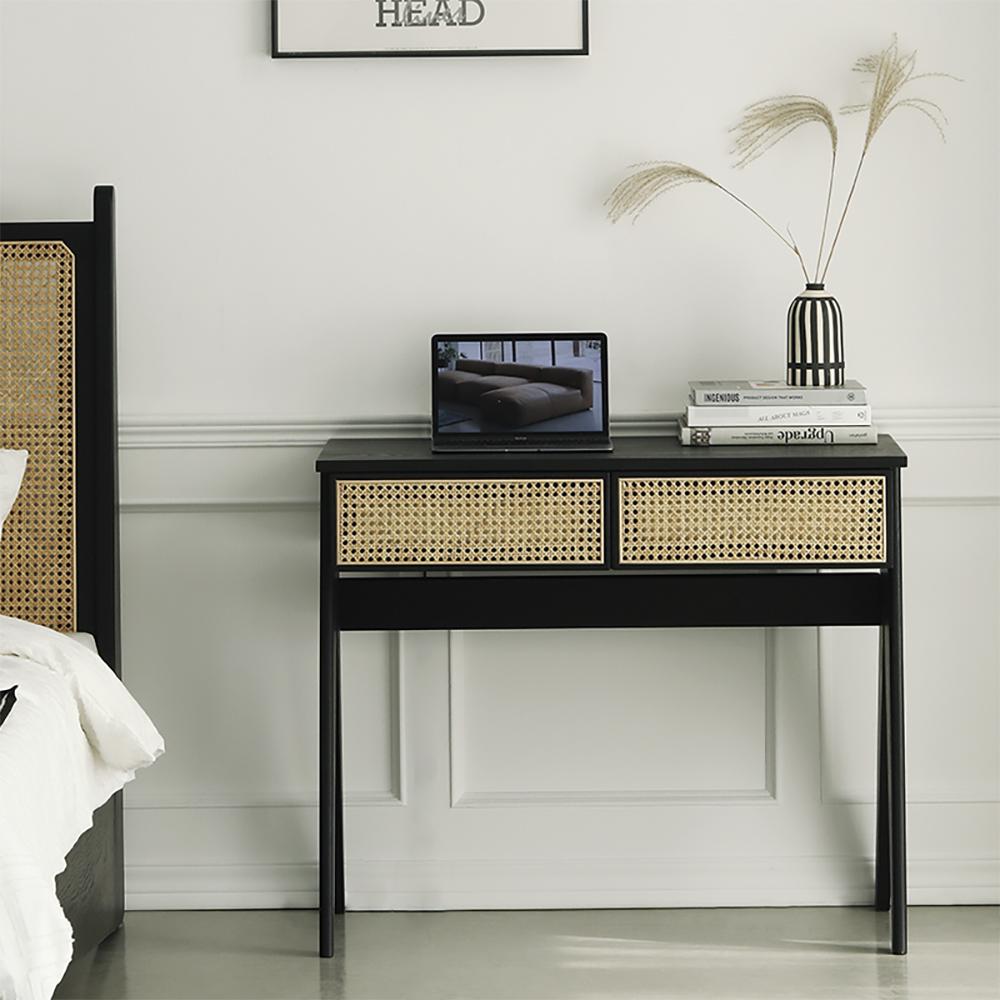 Modern Black Rattan Desk Home Office Desk with Drawers Wooden Writing Desk