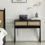 Modern Black Rattan Desk Home Office Desk with Drawers Wooden Writing Desk