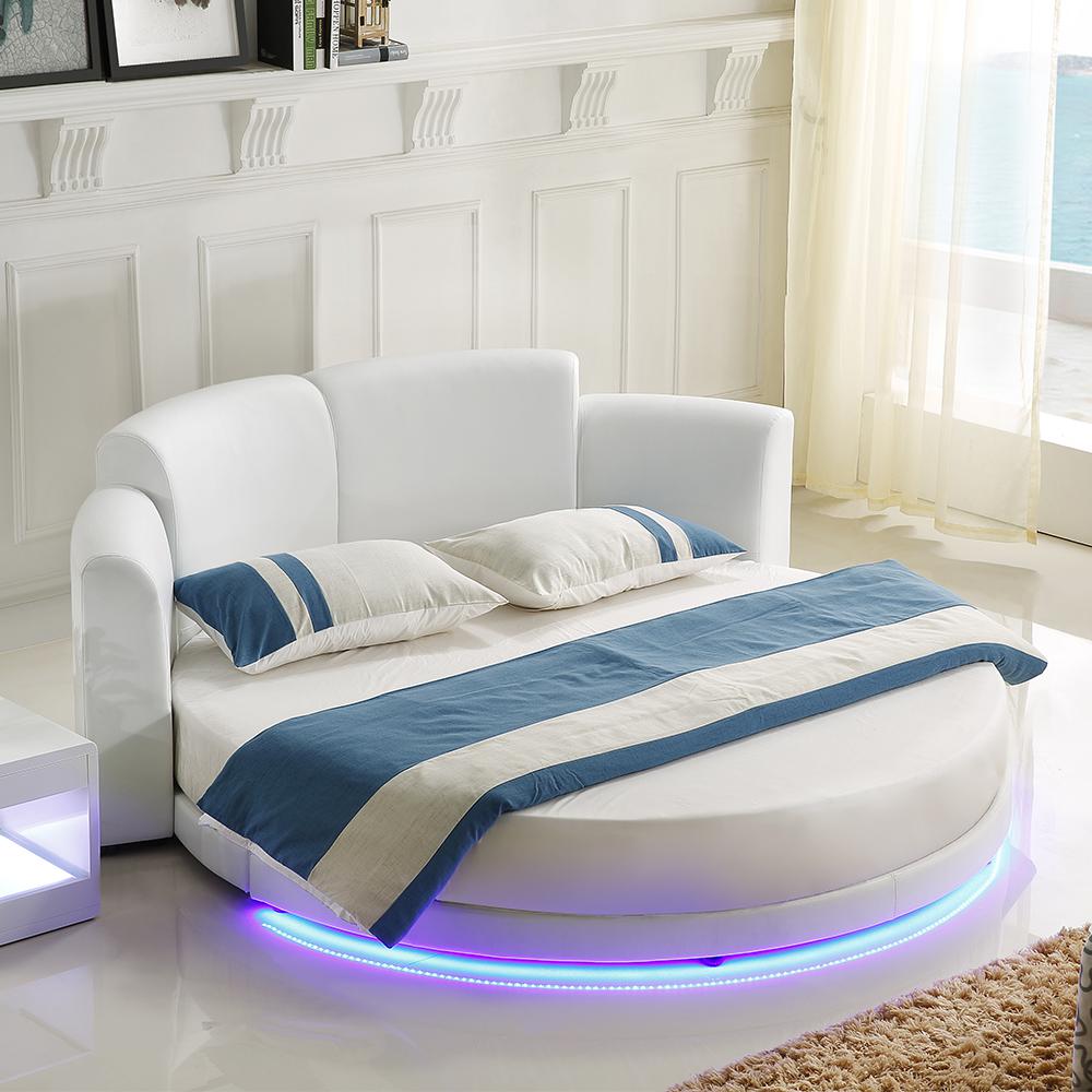 White Round Platform Bed Faux Leather Upholstered Bed with LED Light