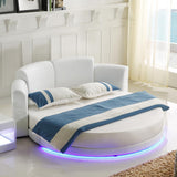 White Round Platform Bed Faux Leather Upholstered Bed with LED Light