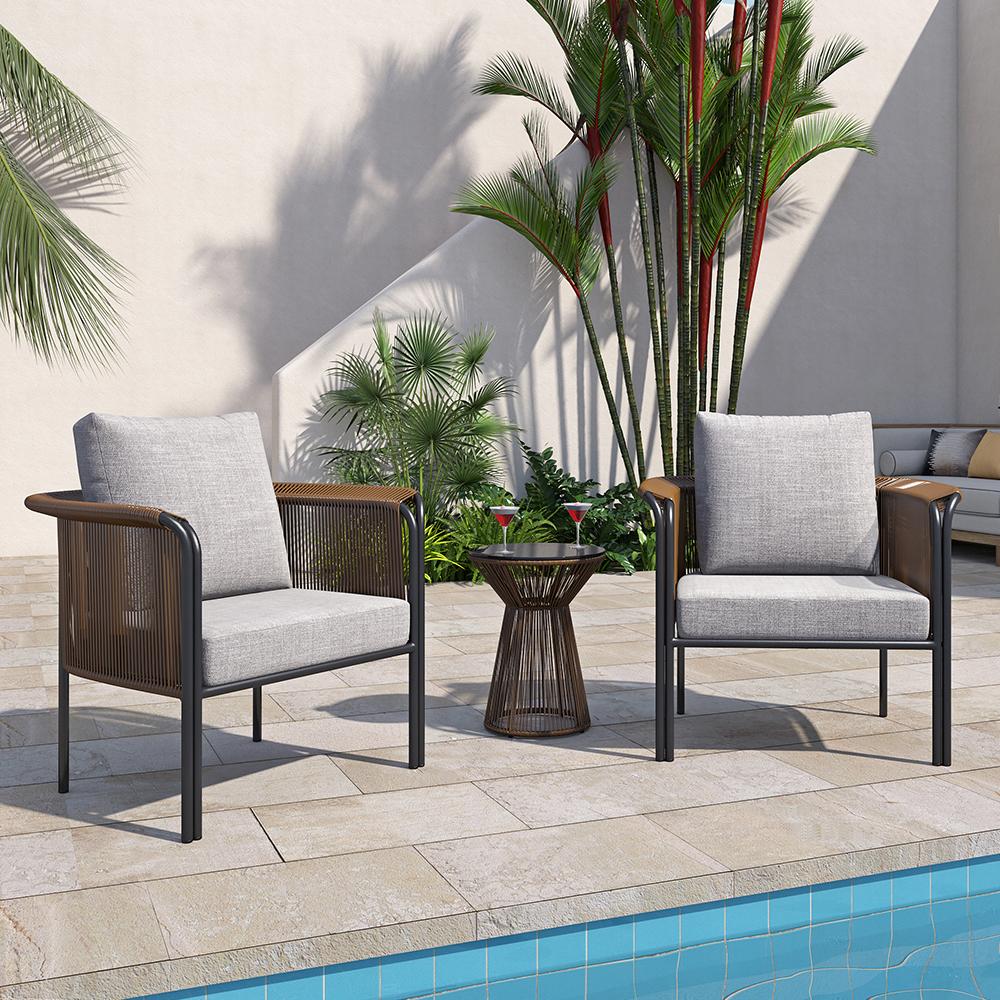 3Pcs Modern Coffee Rattan Outdoor Sofa Set with Glass Top Coffee Table and Gray Cushion