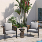 3Pcs Modern Coffee Rattan Outdoor Sofa Set with Glass Top Coffee Table and Gray Cushion