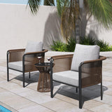 3Pcs Modern Coffee Rattan Outdoor Sofa Set with Glass Top Coffee Table and Gray Cushion