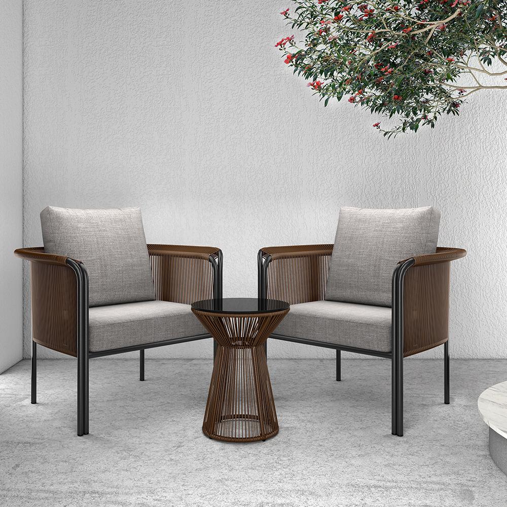 3Pcs Modern Coffee Rattan Outdoor Sofa Set with Glass Top Coffee Table and Gray Cushion